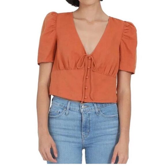 Levi's Luisa Linen Blend Cropped Puff Sleeve Blouse V-neck Top Sz L Milkmaid - Picture 1 of 8